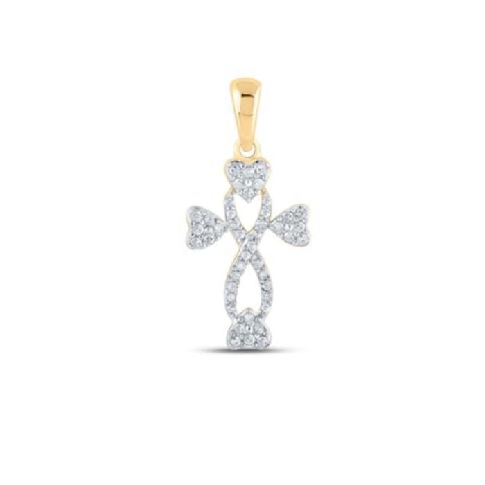 Yellow Gold Round Diamond Cross Heart Pendant 10k