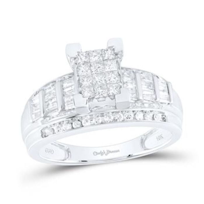 White Gold Princess Diamond Cluster Bridal Engagement Ring 10k