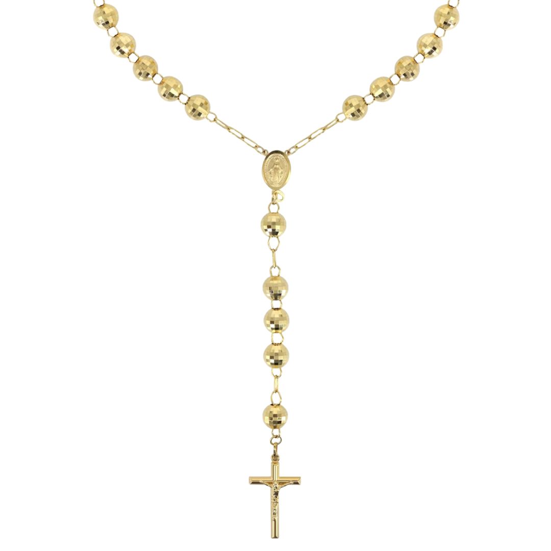 10K Yellow Gold Virgin Mary 3mm Diamond Cut Bead Crucifix Rosary Necklace  27
