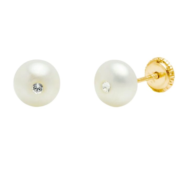 Yellow Gold Pearl Stud Earrings 9MM 14k