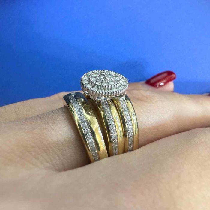 Yellow Gold Round Diamond Cluster Matching Wedding Ring Set 10K - Image 3