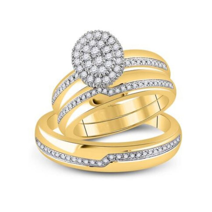 Yellow Gold Round Diamond Cluster Matching Wedding Ring Set 10K