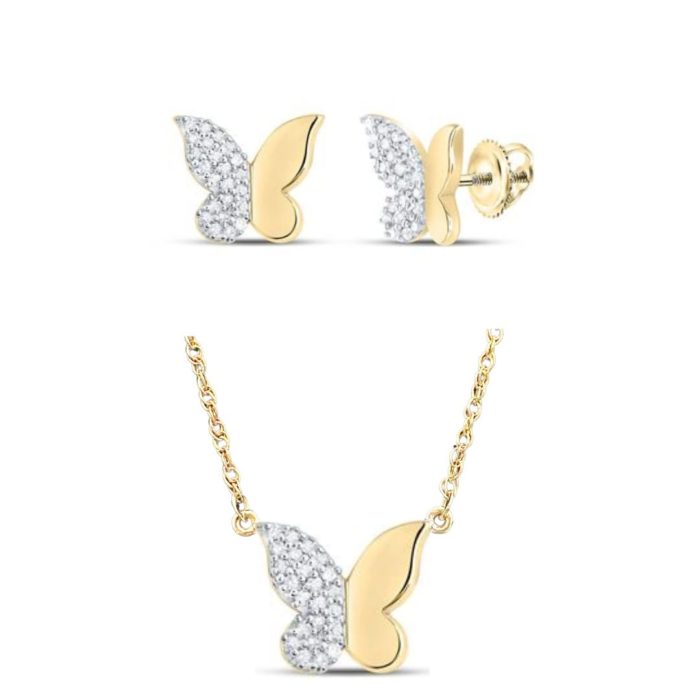 Yellow Gold Round Diamond Butterfly Earrings and Chain Set 10K