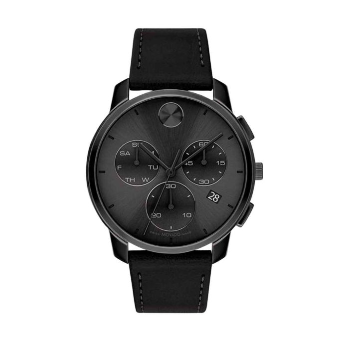 MOVADO BOLD THIN BLACK CHRONOGRAPH DIAL LEATHER MEN'S WATCH - Image 2