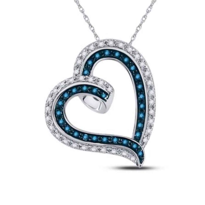 10K WHITE GOLD ROUND BLUE DIAMOND HEART PENDANT 1/6 CTTW