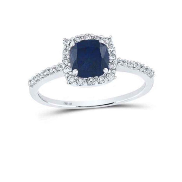 10K WHITE GOLD CUSHION SYNTHETIC BLUE SAPPHIRE DIAMOND SOLITAIRE RING 1-1/2 CTTW